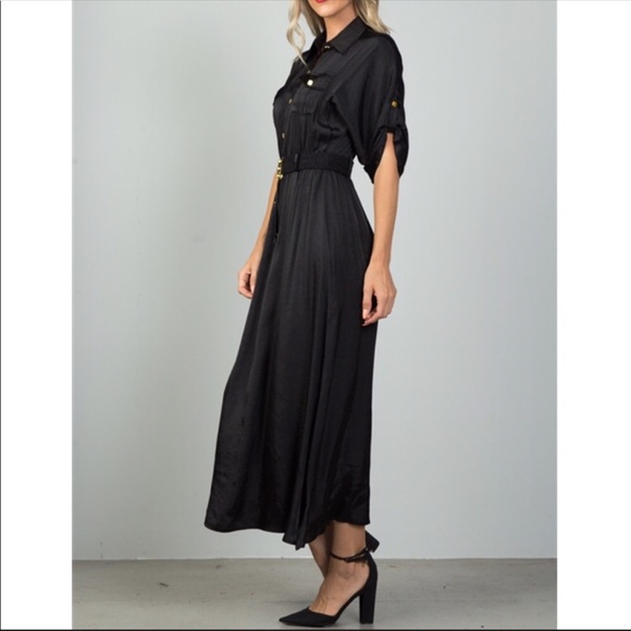 CCO REDUCTION Black Satin Belt Maxi Dress Large - Picture 2 of 4